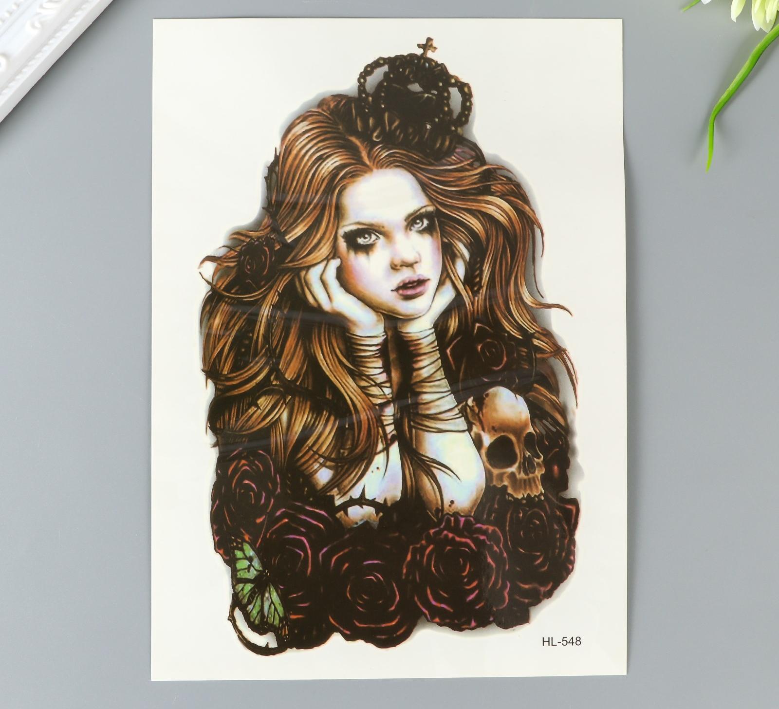 Татуировка на тело цветная Девушка, розы и черепа 25х15 см